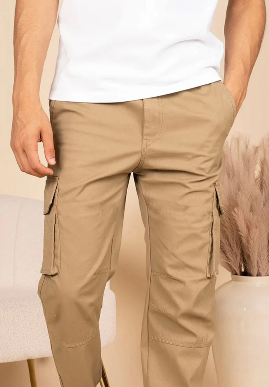 Mens 6 Pocket Loose Bottom Beige Cargo trouser       ( Stretch Cotton)