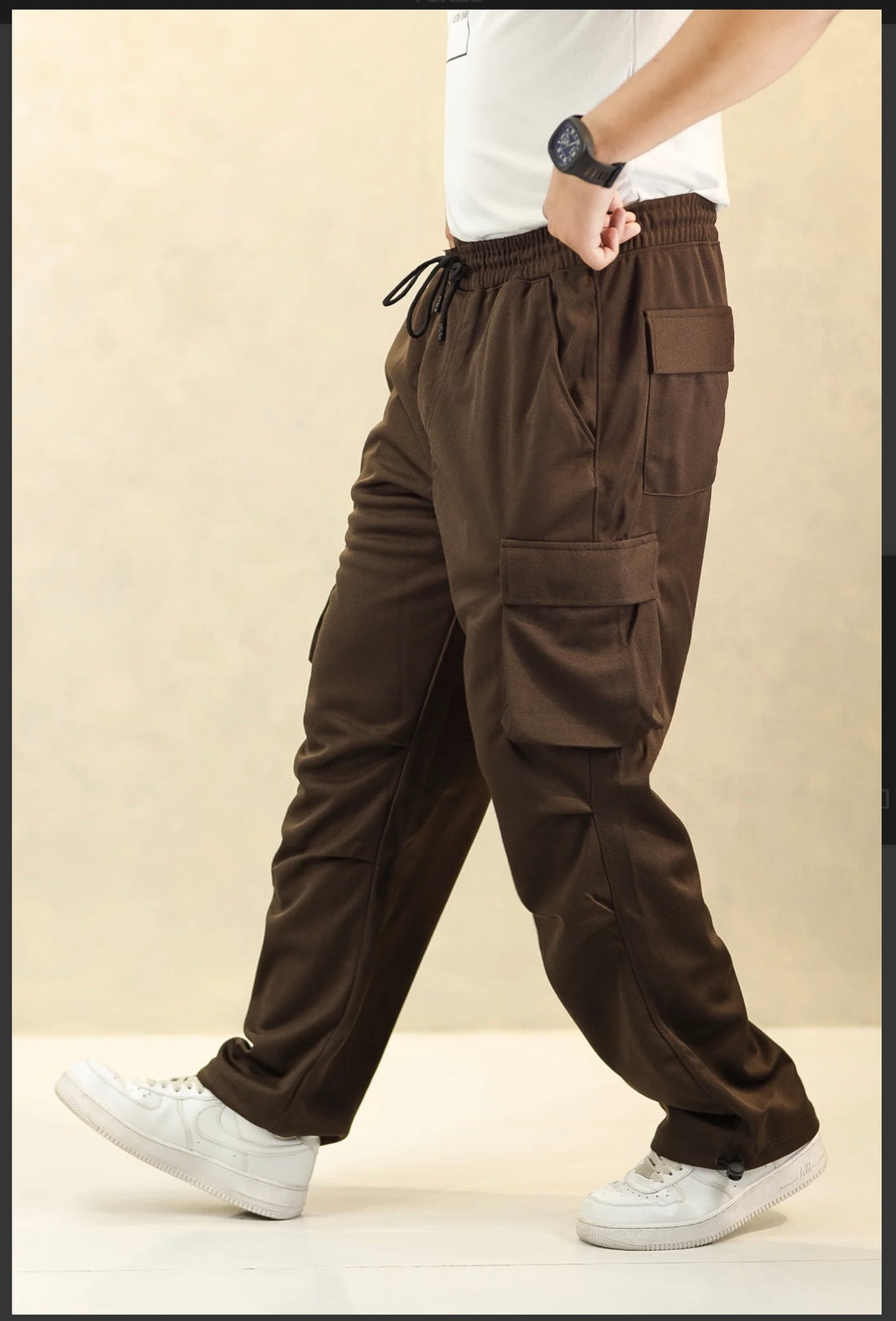 Mens 6 Pocket Loose Bottom BROWN Cargo trouser       ( Stretch Cotton)