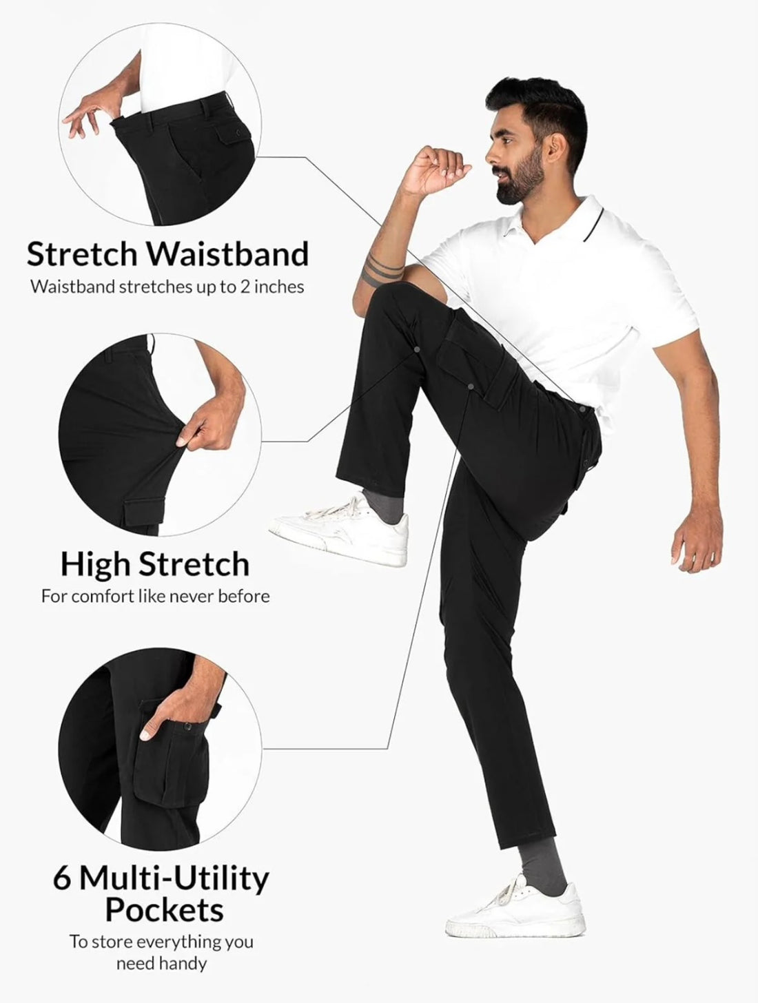 Mens 6 Pocket Loose Bottom BLACK Cargo trouser       ( Stretch Cotton)