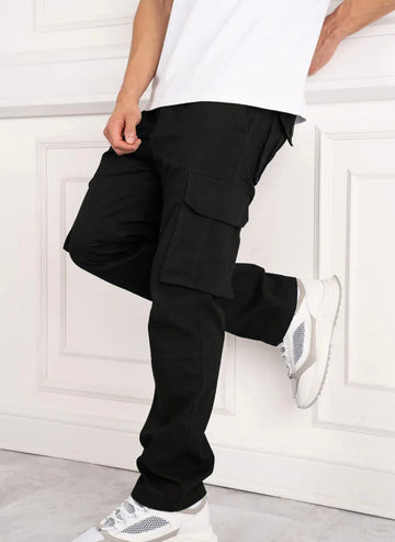 Mens 6 Pocket Loose Bottom BLACK Cargo trouser       ( Stretch Cotton)