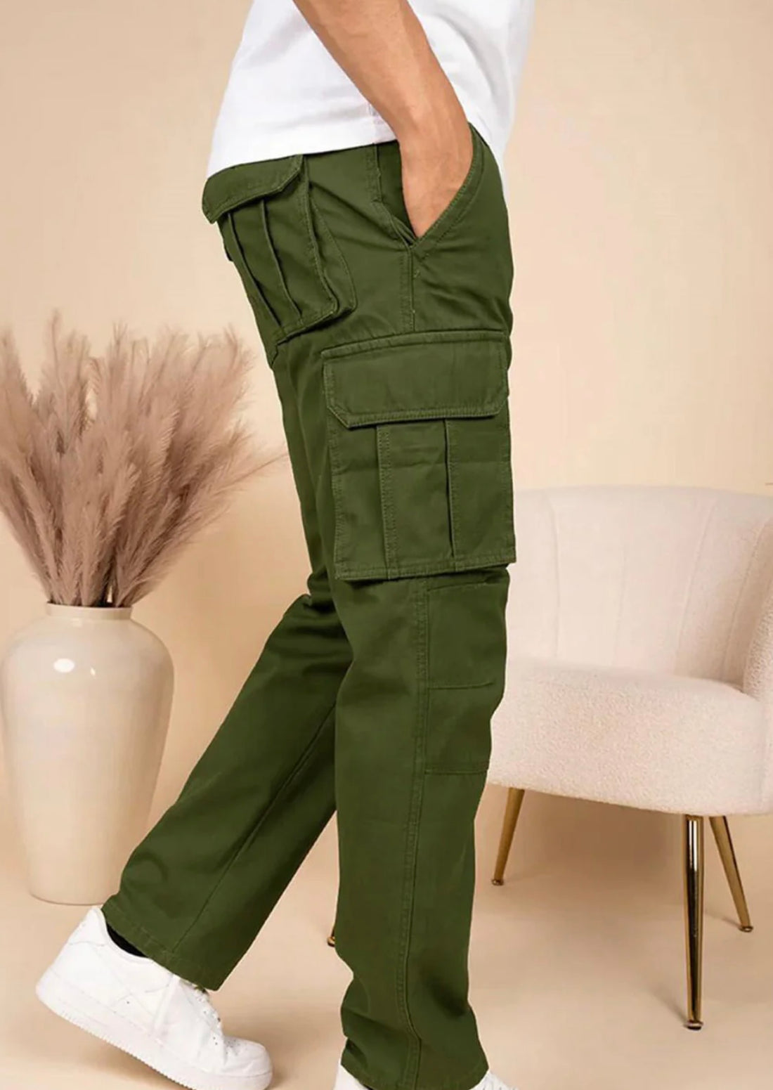 Mens 6 Pocket Loose Bottom olive Green Cargo trouser       ( Stretch Cotton)